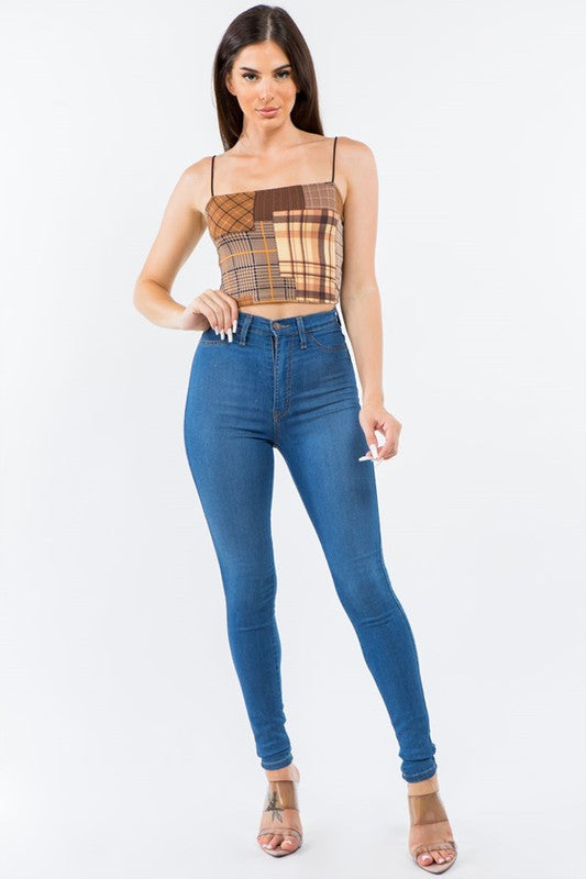 MULTICOLOR CHECKERED PATCHWORK PRINTED CROP TOP