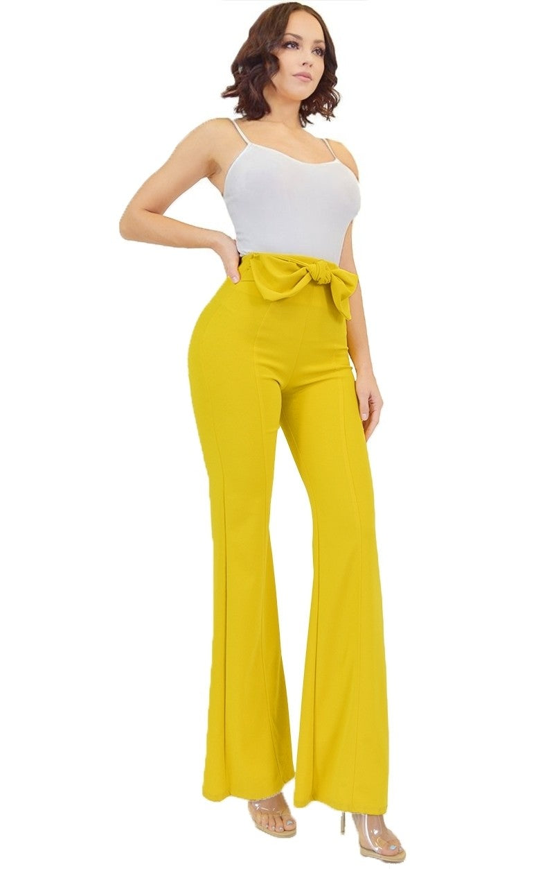 Pants Solid Tie Belt Flare Leg