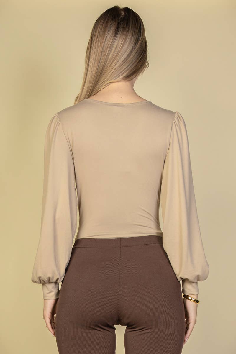 Plunge Neck Peasant Sleeve Bodysuit: WHITE / S