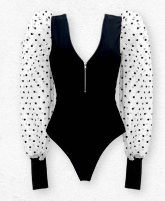 Long sleeve bodysuit with two transparent colors Size small medium large.96% polyester 4% is Spandex.