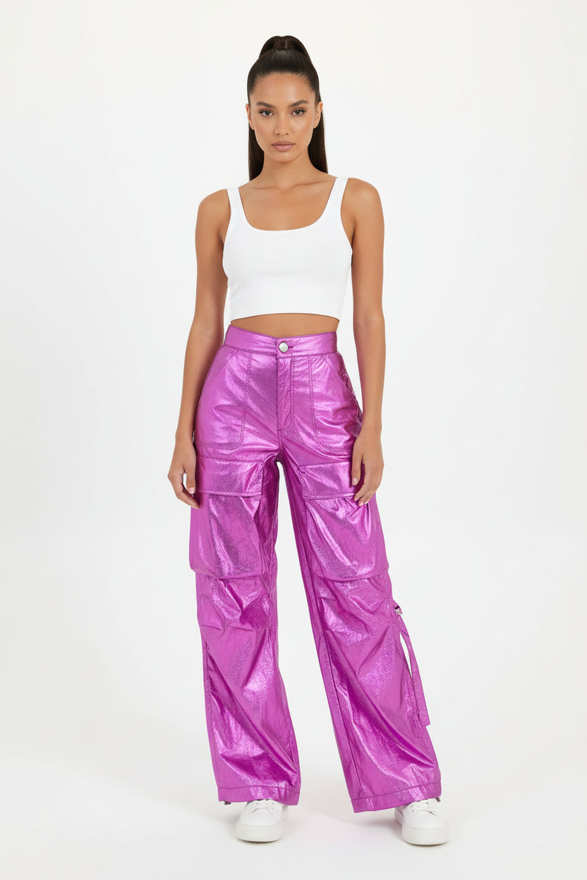 Metallic pink cargo pants fashion at your fingertips 100% NYLON MEDE IN CHINA