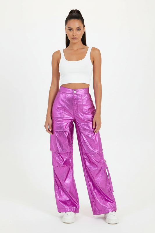 Metallic pink cargo pants fashion at your fingertips 100% NYLON MEDE IN CHINA