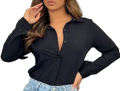 Camisa negra lisa abotonada un CAMISA 100% VISCOSA (TEJIDA) FABRICADA en mentón