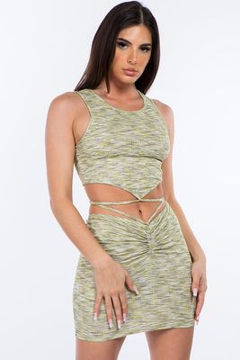 MULTI COLOR CROP TOP AND RUCHED MINI SKIRT SET IN Gris