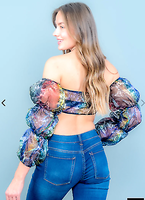 crop top blouse Long sleeve metallic color