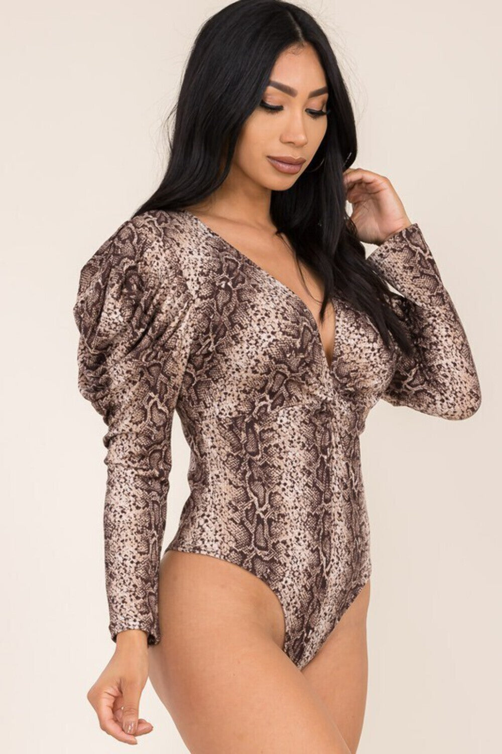 DTY SOFT TOUCH BRUSHED FABRIC SNAKE PRINT PUFF LONG SLEEVE BODYSUIT