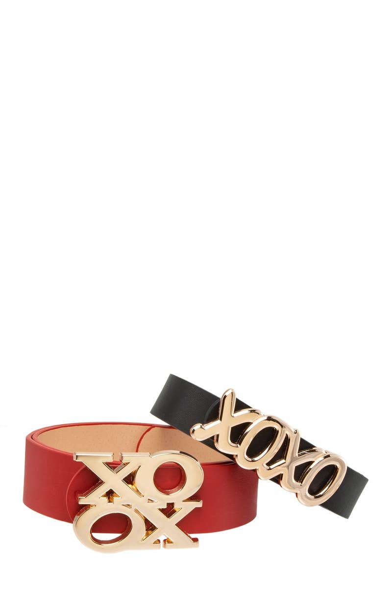 Stacked and Elongated XOXO Buckle Duo Belt Set: Khaki