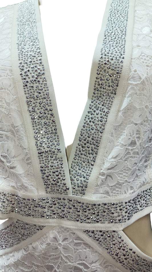 Off-white party dress with a sparkly silver rhinestone design