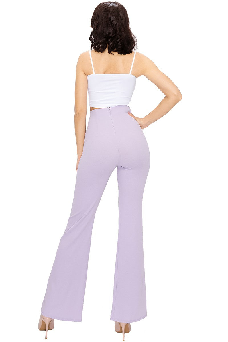 Pants Solid Tie Belt Flare Leg