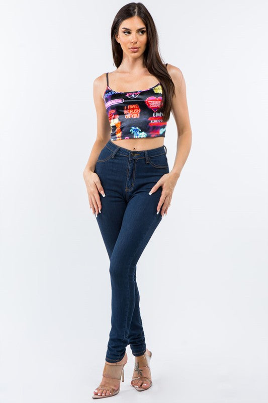 NEON SIGN PRINTED SATIN CROP TOP.