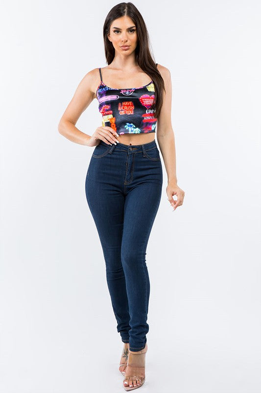 NEON SIGN PRINTED SATIN CROP TOP.