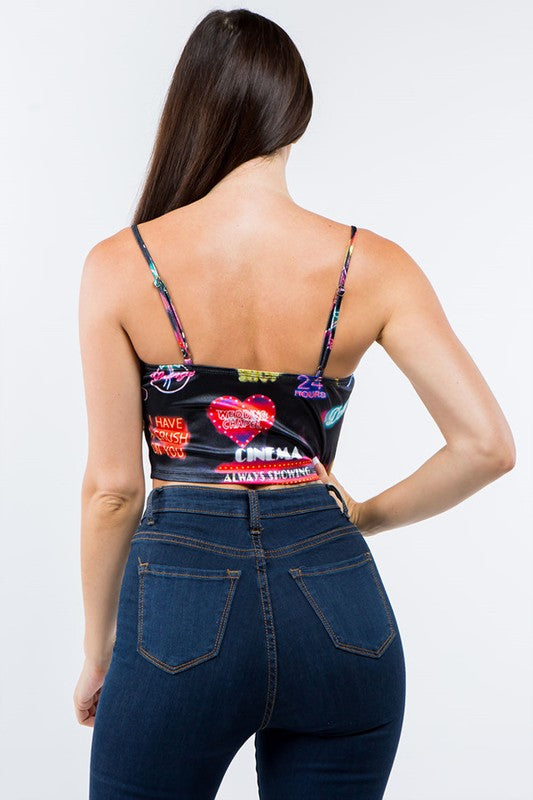 NEON SIGN PRINTED SATIN CROP TOP.