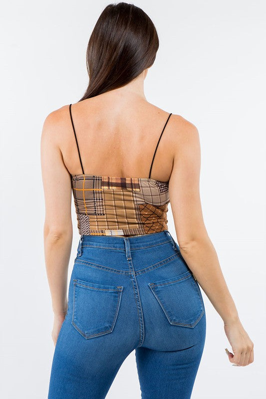 MULTICOLOR CHECKERED PATCHWORK PRINTED CROP TOP