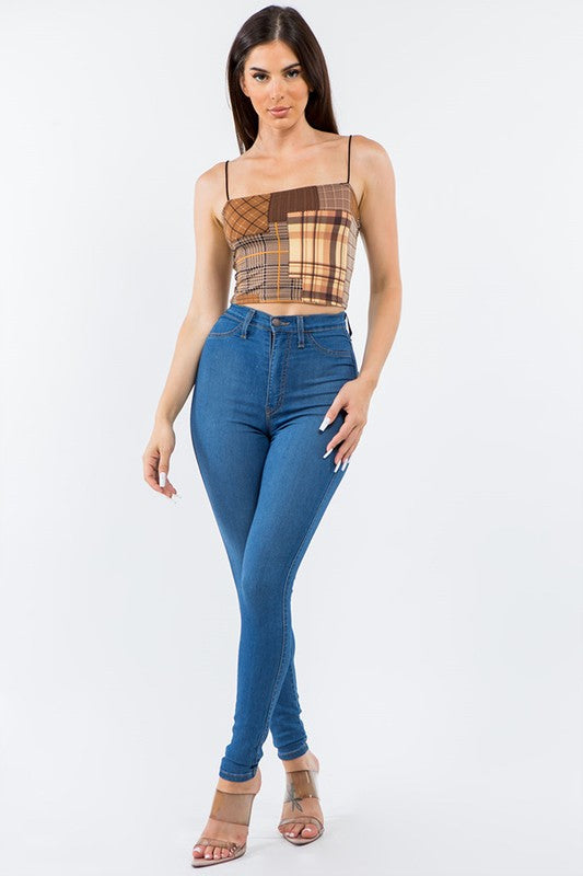 MULTICOLOR CHECKERED PATCHWORK PRINTED CROP TOP