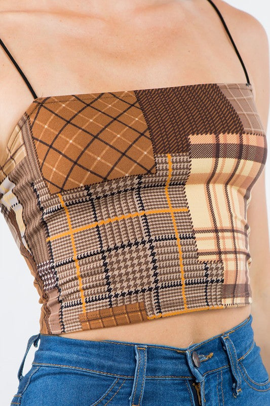 MULTICOLOR CHECKERED PATCHWORK PRINTED CROP TOP