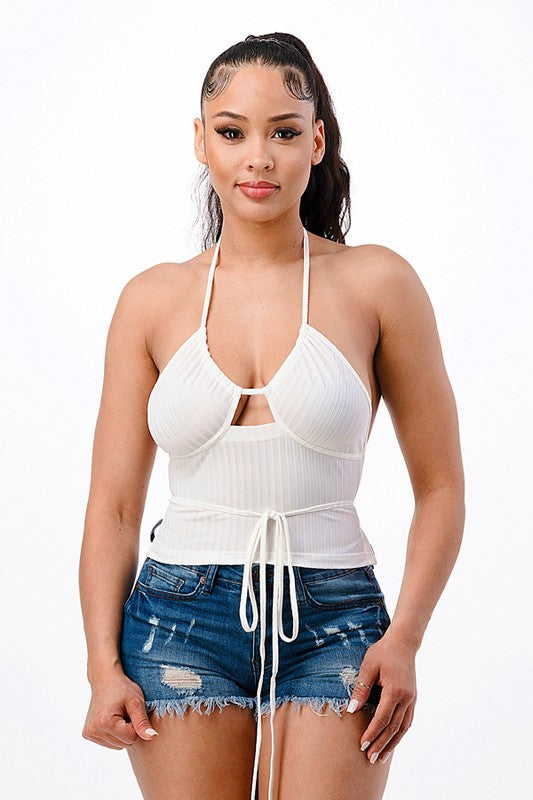 HALTER NECK CROP TOP WRAPAROUND DETAIL IN BLACK