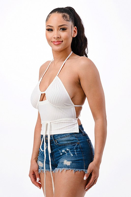 HALTER NECK CROP TOP WRAPAROUND DETAIL IN BLACK