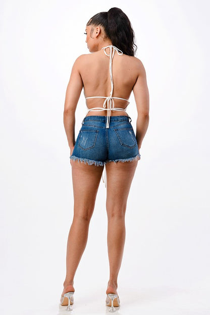 HALTER NECK CROP TOP WRAPAROUND DETAIL IN BLACK