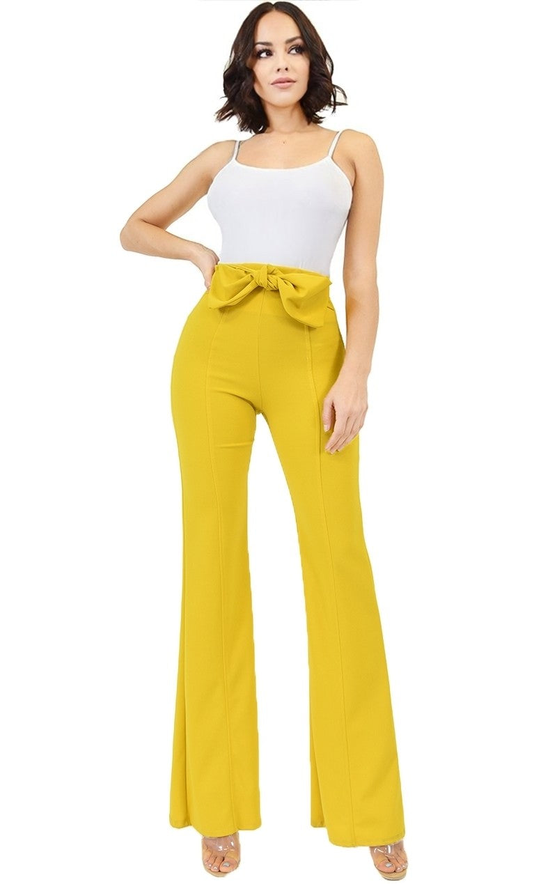 Pants Solid Tie Belt Flare Leg