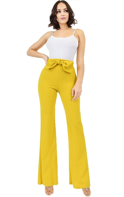 Pants Solid Tie Belt Flare Leg