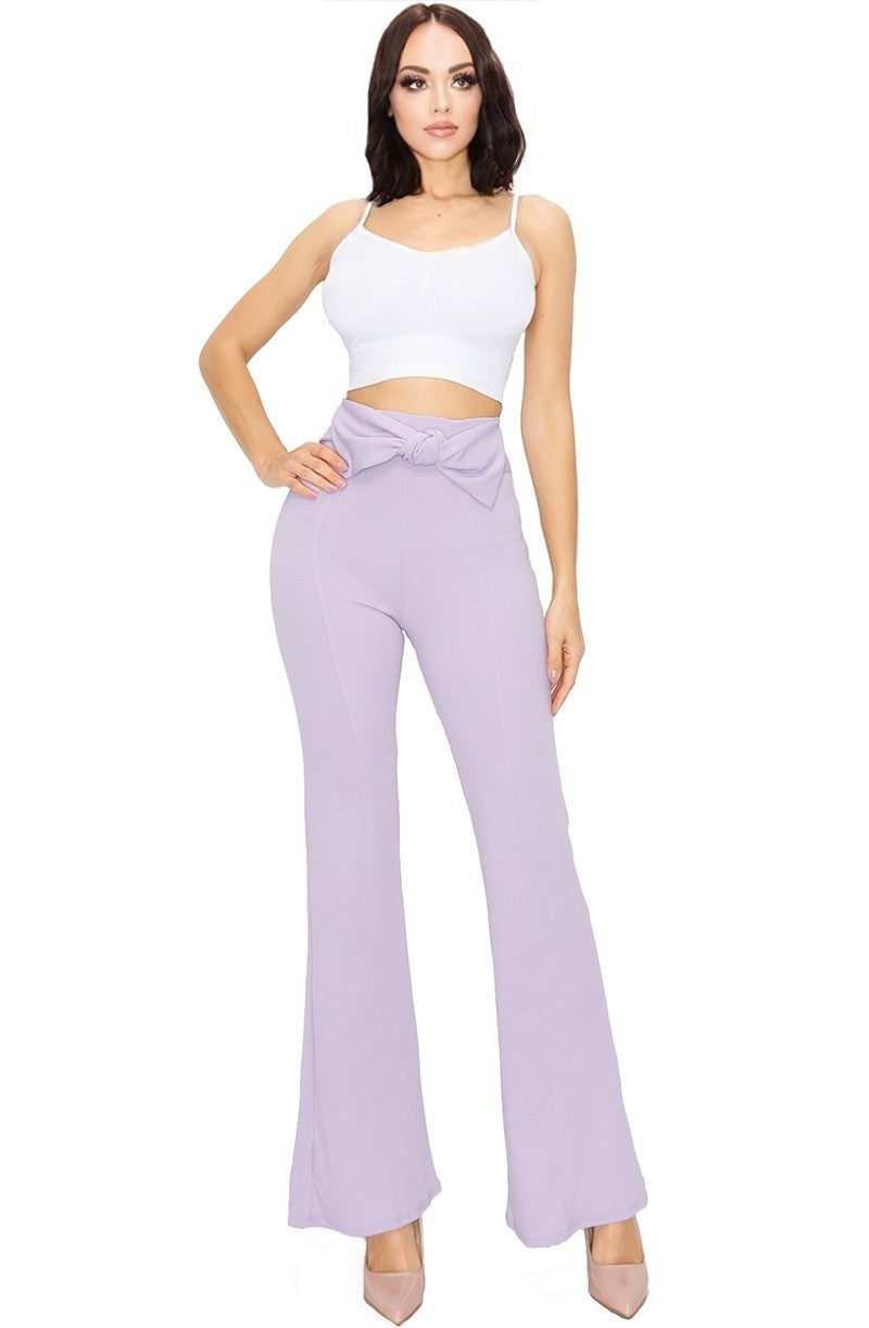Pants Solid Tie Belt Flare Leg