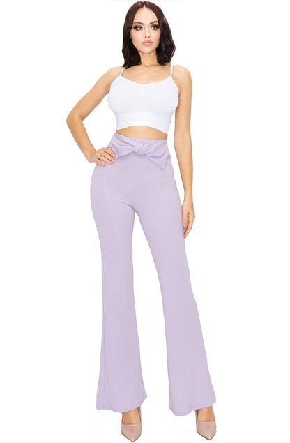 Pants Solid Tie Belt Flare Leg