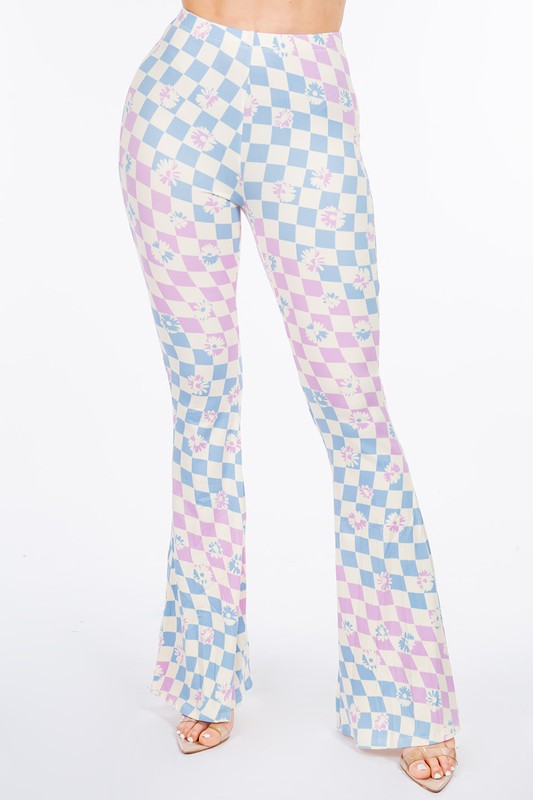 LONG FLORAL FLARED WAVY ANTALON IN CHECKS. 2 COLOR