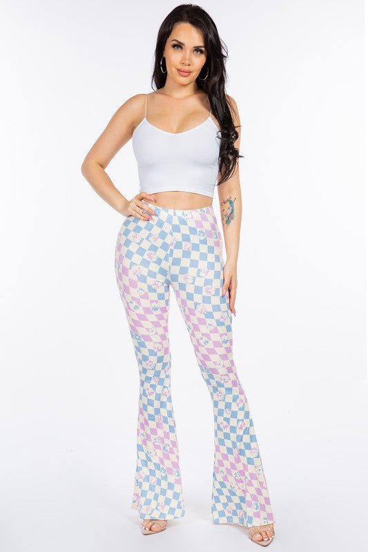 LONG FLORAL FLARED WAVY ANTALON IN CHECKS. 2 COLOR