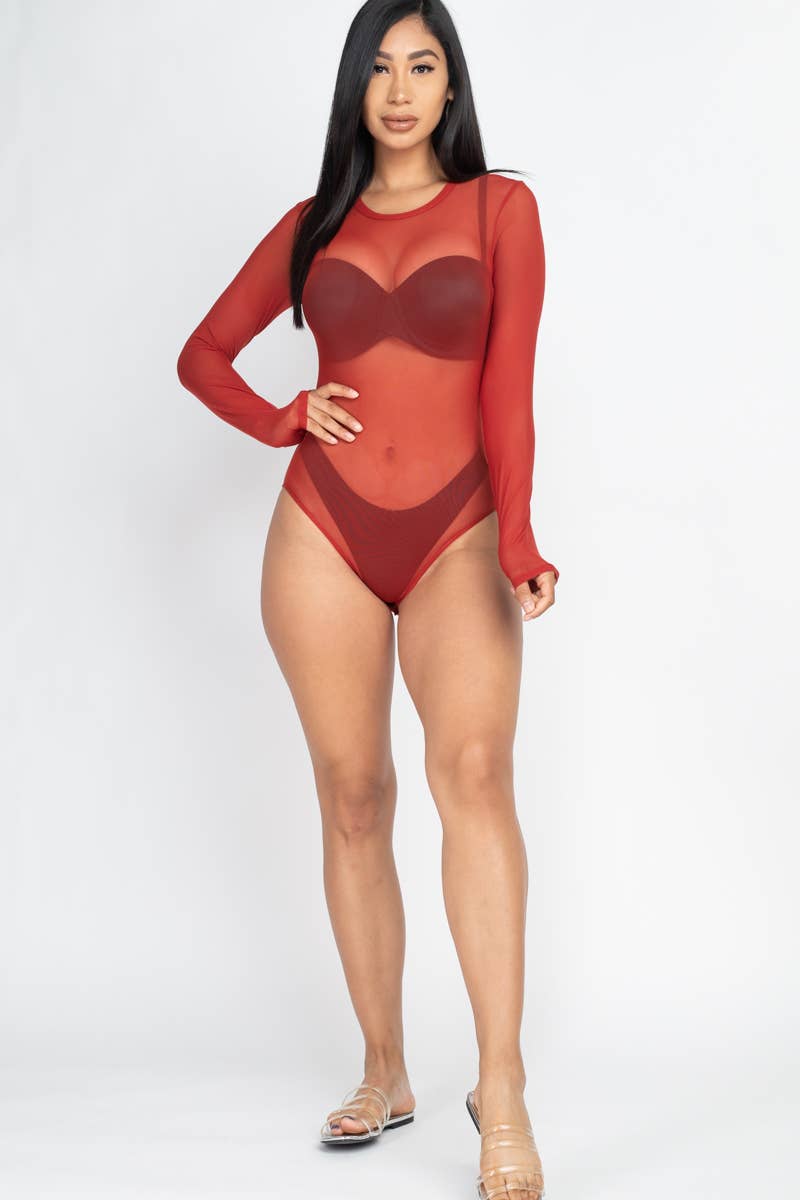 Mesh Sheer Lon lo deg Sleeves Bodysuit: Rust / L