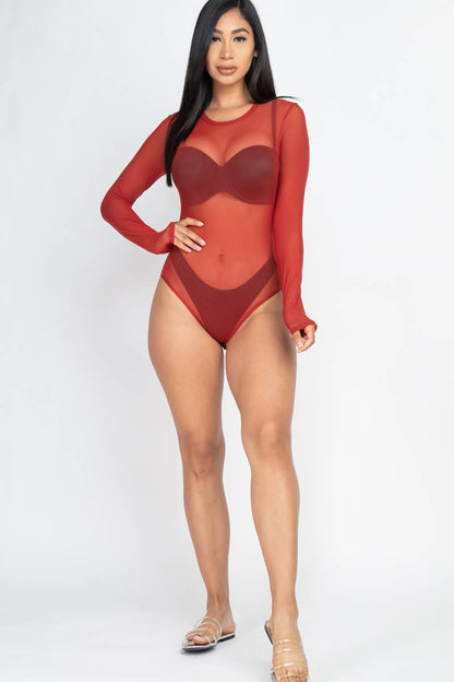 Mesh Sheer Lon lo deg Sleeves Bodysuit: Rust / L