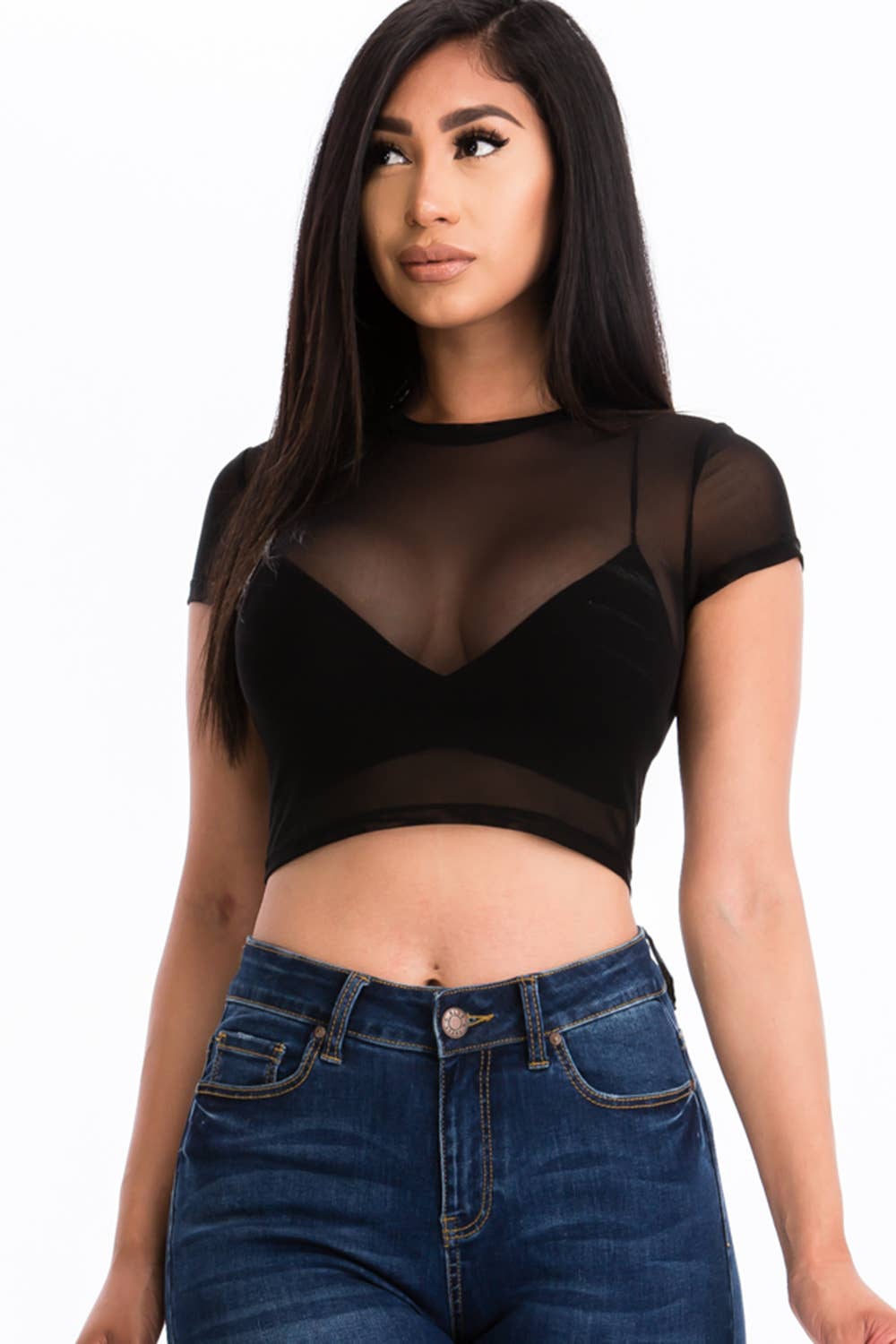 Mesh Sheer Crop Top: Black /