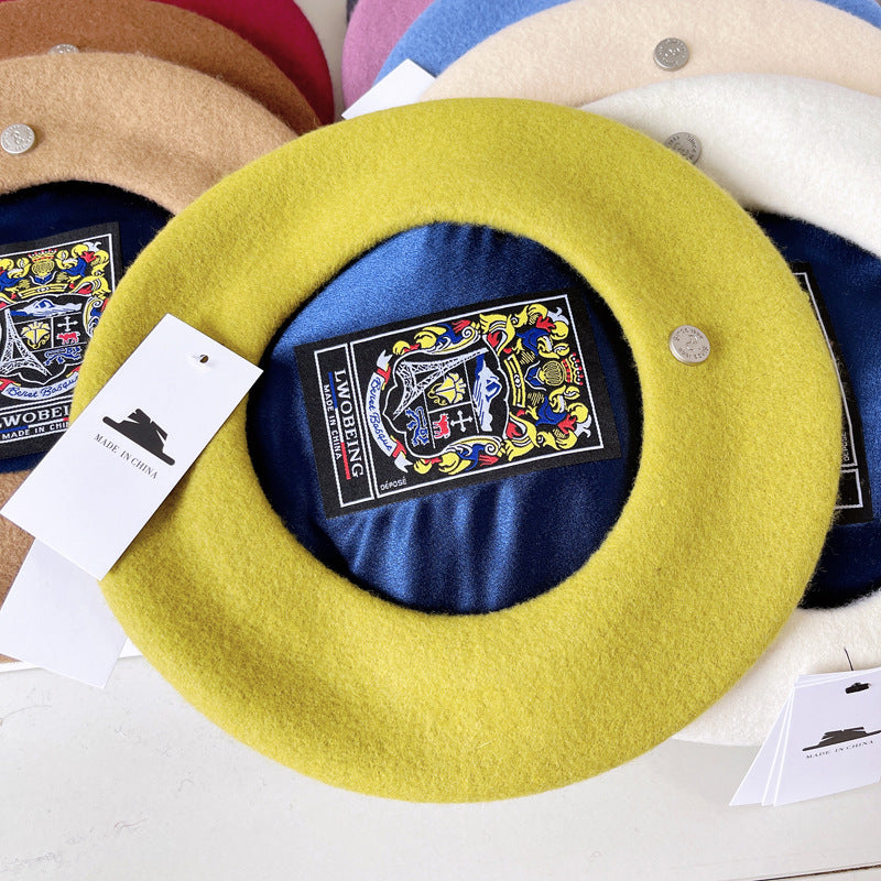 Spanish Wool Beret Hat Female Elegant French Painter Hat Badge Satin Lined British Retro Stewardess Hat