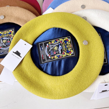 Spanish Wool Beret Hat Female Elegant French Painter Hat Badge Satin Lined British Retro Stewardess Hat