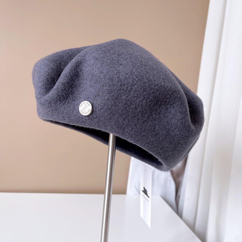 Spanish Wool Beret Hat Female Elegant French Painter Hat Badge Satin Lined British Retro Stewardess Hat