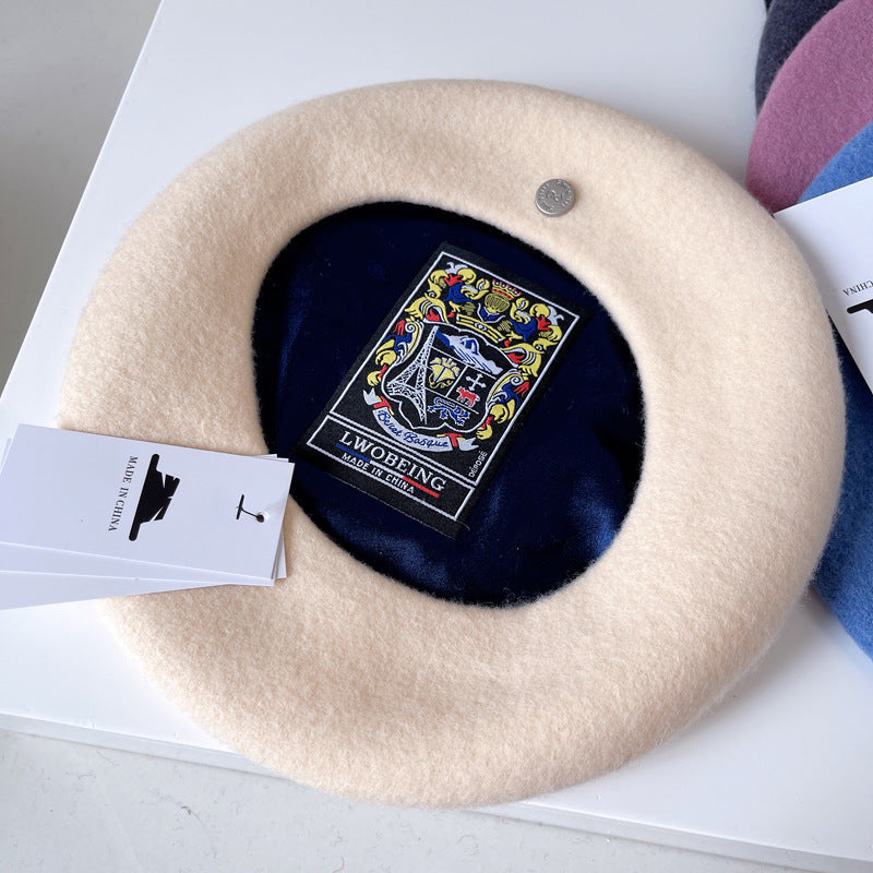 Spanish Wool Beret Hat Female Elegant French Painter Hat Badge Satin Lined British Retro Stewardess Hat