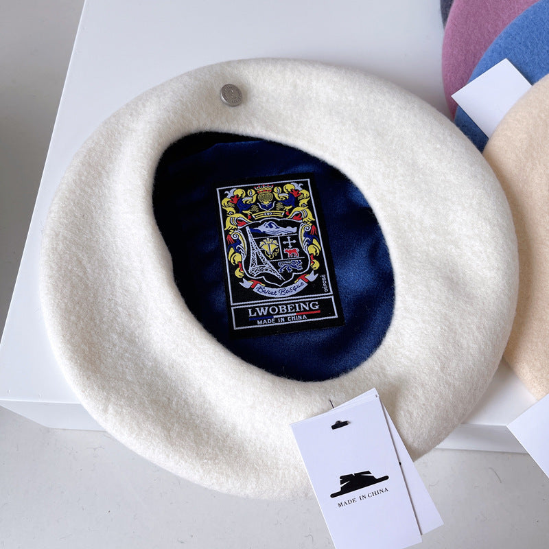 Spanish Wool Beret Hat Female Elegant French Painter Hat Badge Satin Lined British Retro Stewardess Hat