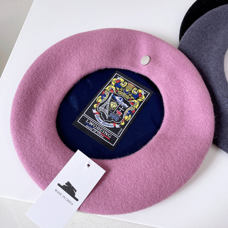 Spanish Wool Beret Hat Female Elegant French Painter Hat Badge Satin Lined British Retro Stewardess Hat