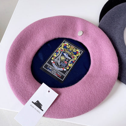 Spanish Wool Beret Hat Female Elegant French Painter Hat Badge Satin Lined British Retro Stewardess Hat