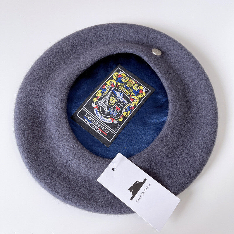 Spanish Wool Beret Hat Female Elegant French Painter Hat Badge Satin Lined British Retro Stewardess Hat