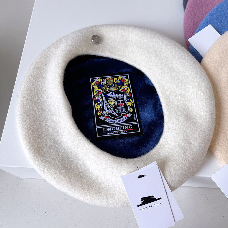 Spanish Wool Beret Hat Female Elegant French Painter Hat Badge Satin Lined British Retro Stewardess Hat