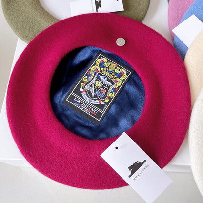 Spanish Wool Beret Hat Female Elegant French Painter Hat Badge Satin Lined British Retro Stewardess Hat