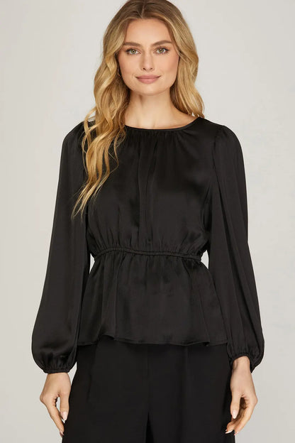 TOP PUFF SLEEVE SATIN WITH BACK TIE AND ELASTIC WAIST