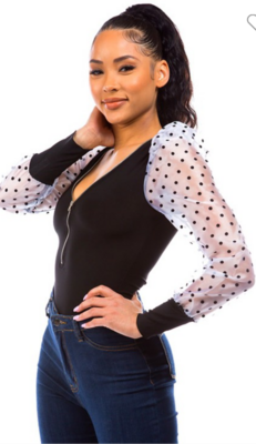 Long sleeve bodysuit with two transparent colors Size small medium large.96% polyester 4% is Spandex.