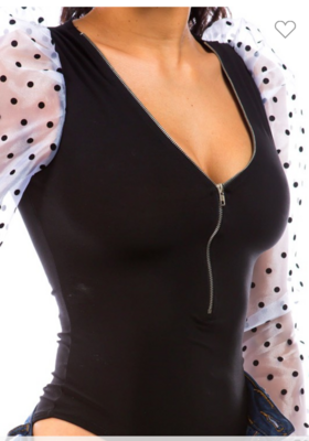 Long sleeve bodysuit with two transparent colors Size small medium large.96% polyester 4% is Spandex.