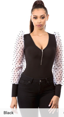 Long sleeve bodysuit with two transparent colors Size small medium large.96% polyester 4% is Spandex.