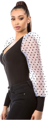 Long sleeve bodysuit with two transparent colors Size small medium large.96% polyester 4% is Spandex.