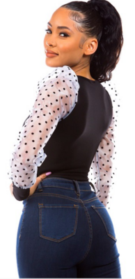 Long sleeve bodysuit with two transparent colors Size small medium large.96% polyester 4% is Spandex.