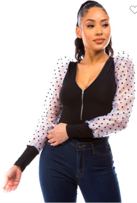 Long sleeve bodysuit with two transparent colors Size small medium large.96% polyester 4% is Spandex.