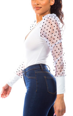 Long sleeve bodysuit with two transparent colors Size small medium large.96% polyester 4% is Spandex.