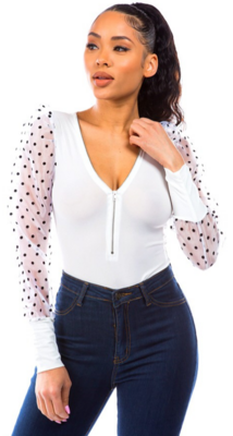 Long sleeve bodysuit with two transparent colors Size small medium large.96% polyester 4% is Spandex.